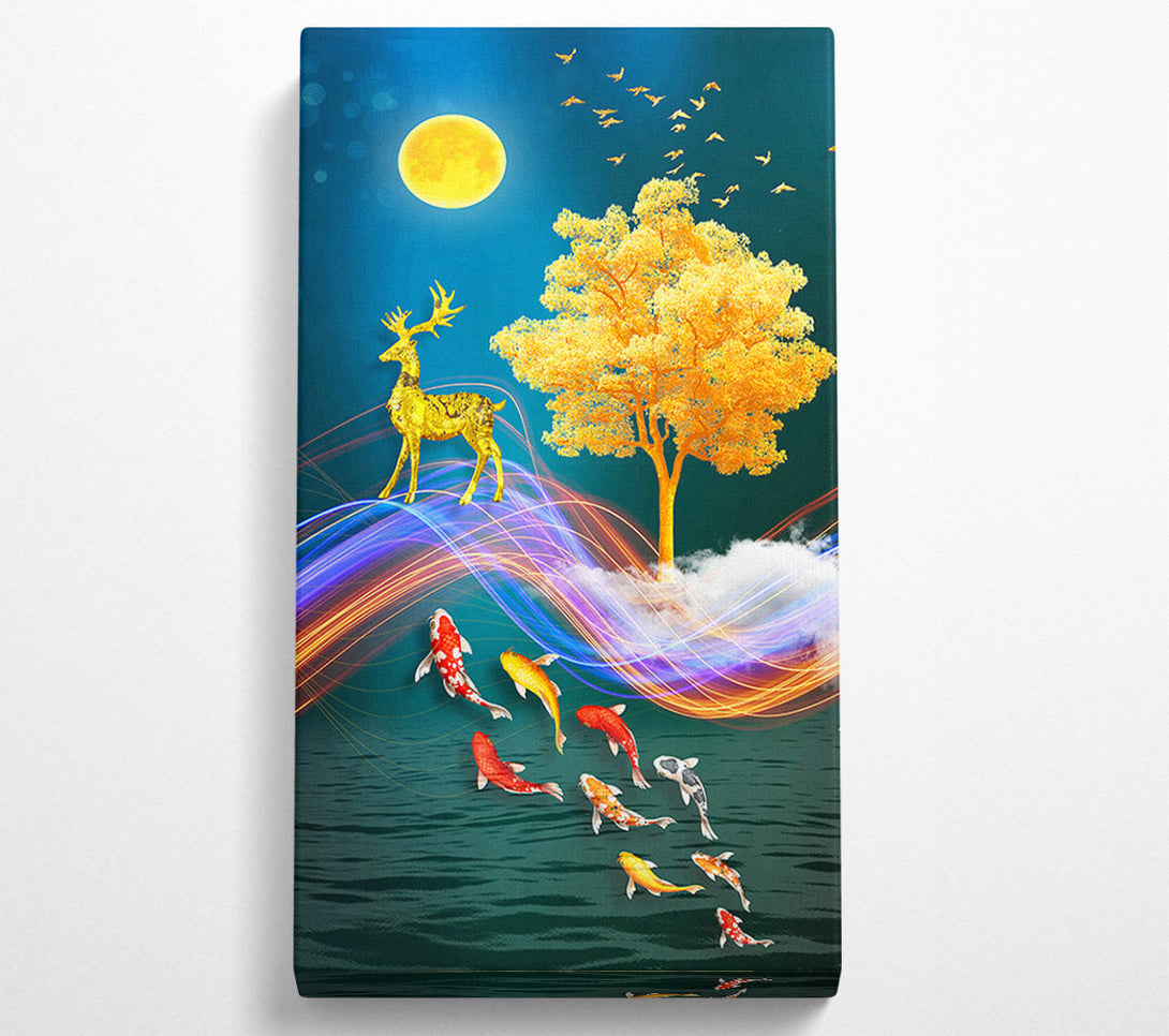  A Canvas Print of Koi Fish  Deer And Gold Tree Canvas Wall Art