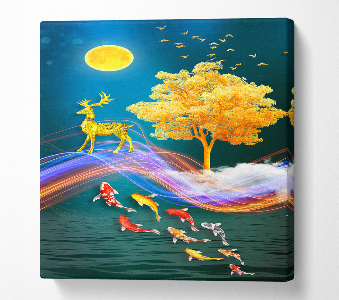  A Canvas Print of Koi Fish  Deer And Gold Tree Canvas Wall Art