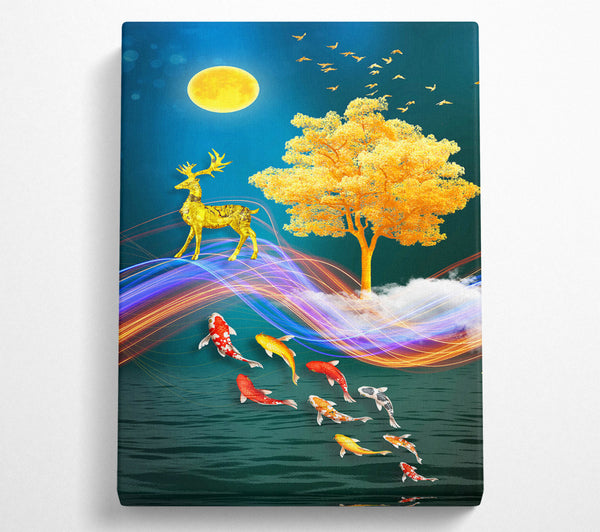  A Canvas Print of Koi Fish  Deer And Gold Tree Canvas Wall Art