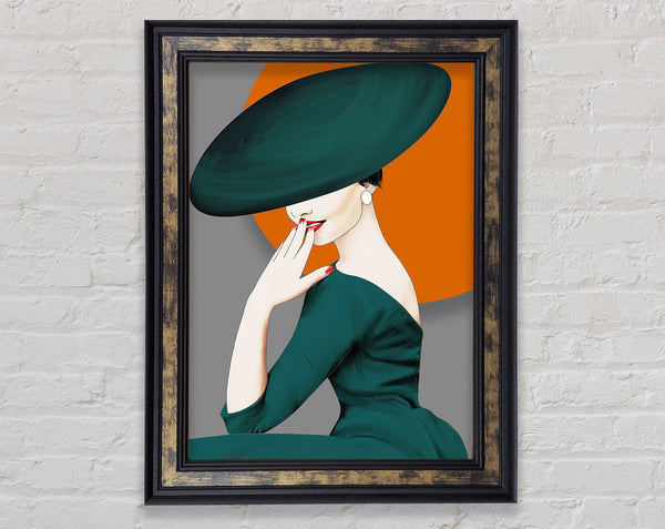 Lady In Green Hat And Dress Framed Print