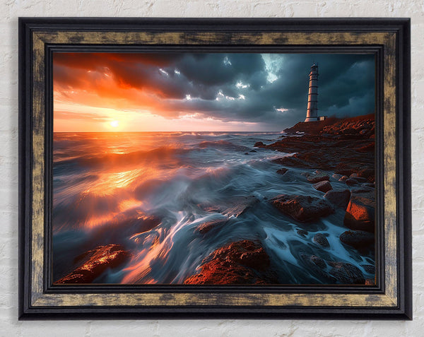 Lighthouse On The Rocks Framed Print