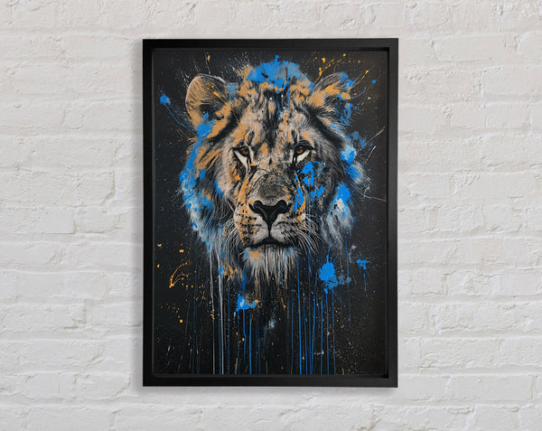 Lion Distressed Graffiti Blue Framed Print