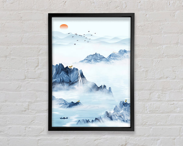 Misty Blue Mountains  Boat On Lake Framed Print