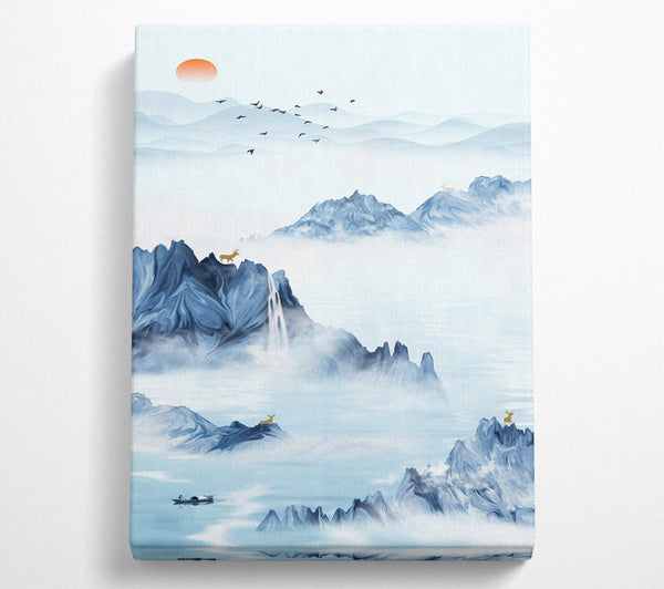  A Canvas Print of Misty Blue Mountains  Boat On Lake Canvas Wall Art