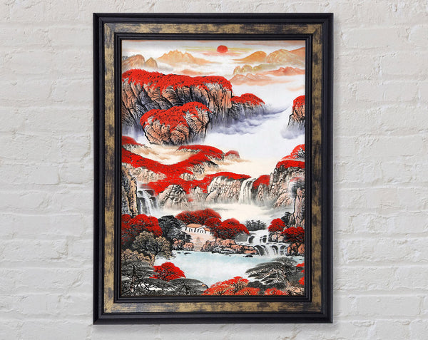 Misty Red Tree Scenery Framed Print