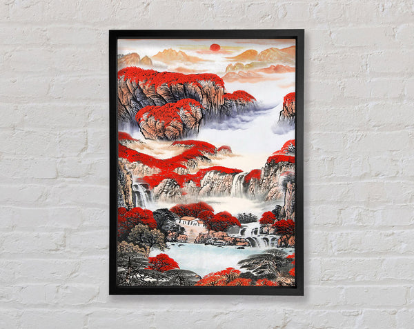 Misty Red Tree Scenery Framed Print