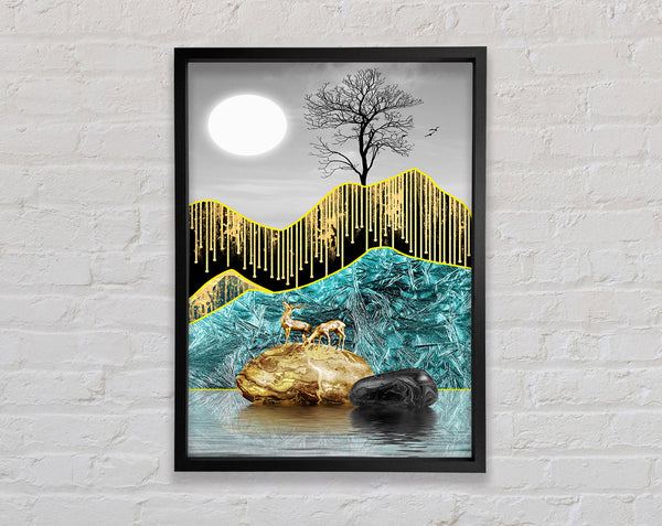 Moonlight Deer Rocks Framed Print