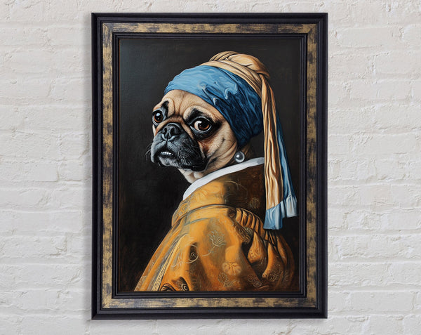 Pug With Pearl Earring Framed Print
