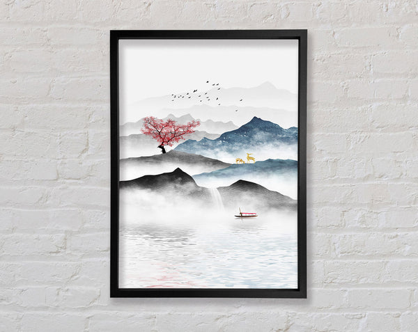 Red Tree  With Boat On A Lake Framed Print
