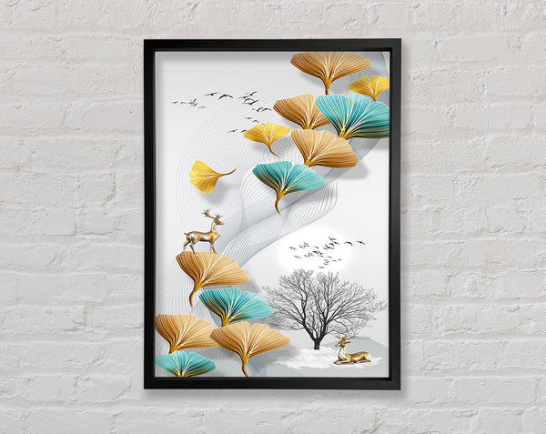 Reindeers On Leaves And Tree Framed Print