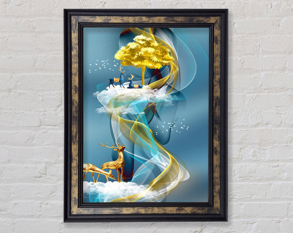 Reindeers On Swirls And Clouds Framed Print