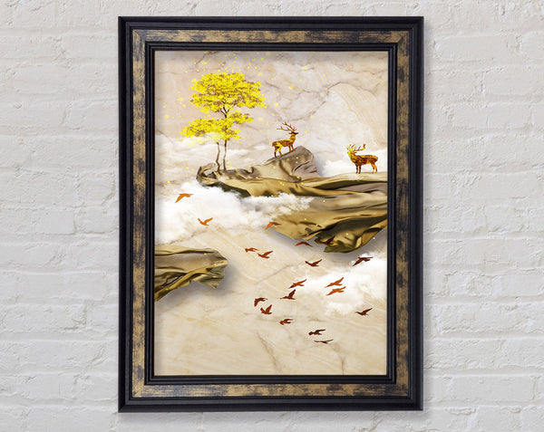 Scenic Brown And Gold Deers Framed Print