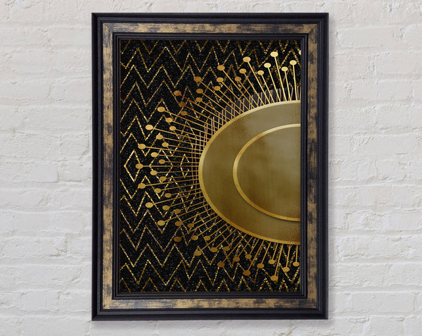 Sun Circle On Walnut With Zig Zags Framed Print