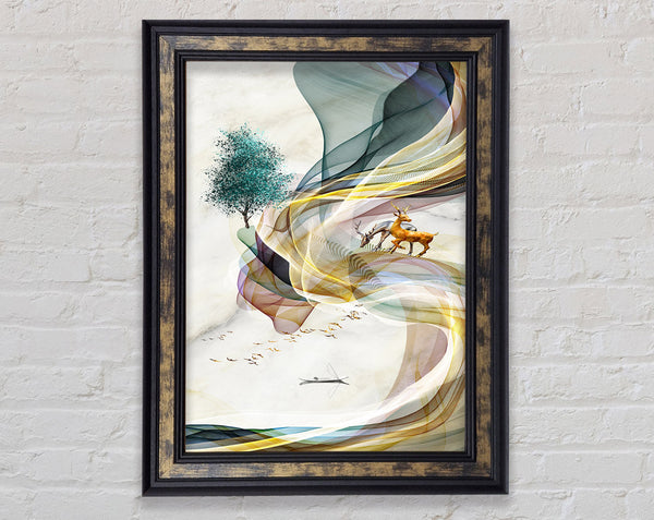 Swirls With Tree And Deers Framed Print