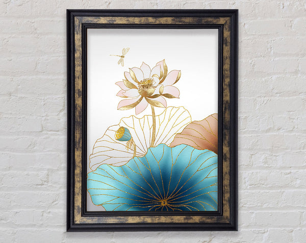 Turquoise Flowers And Gold Framed Print