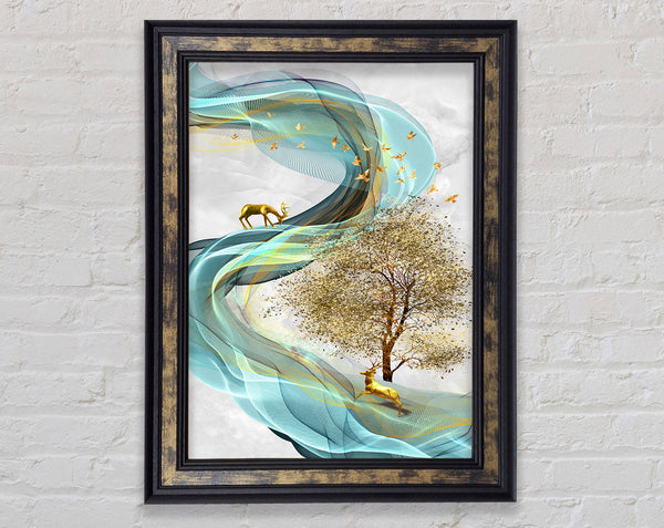 Turquoise Swirl With Gold Stags Framed Print