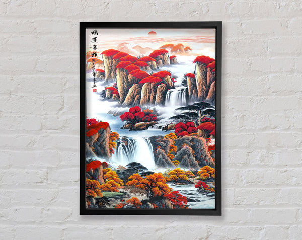Two Waterfalls  Red Trees Framed Print