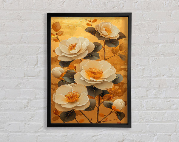 White Flowers On Gold Framed Print