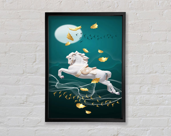 White Horse With Golden Leaves  Turquoise Framed Print