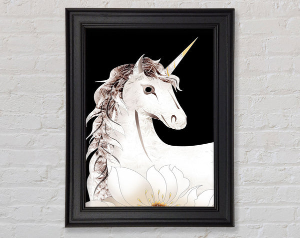 White Unicorn With Black Framed Print
