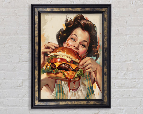 Woman Eating A Burger Framed Print