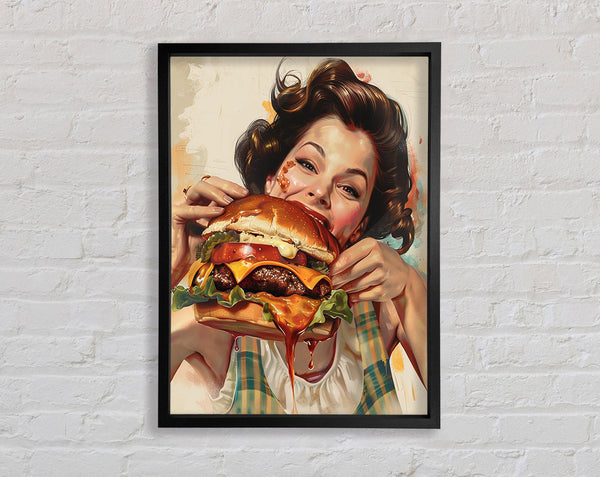Woman Eating A Burger Framed Print