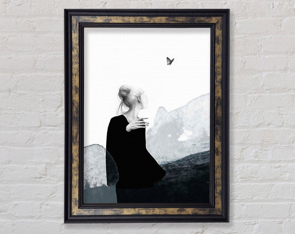 Woman In Walnut Looking At Butterfly Framed Print