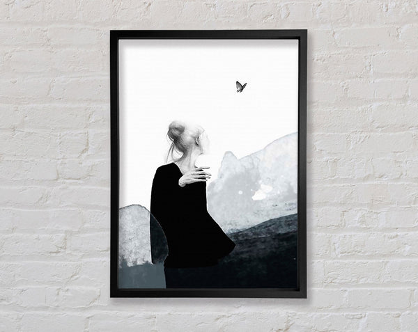 Woman In Black Looking At Butterfly Framed Print