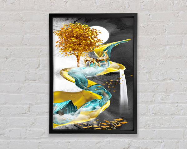 Yellow And Green Swirl With Gold Tree Framed Print