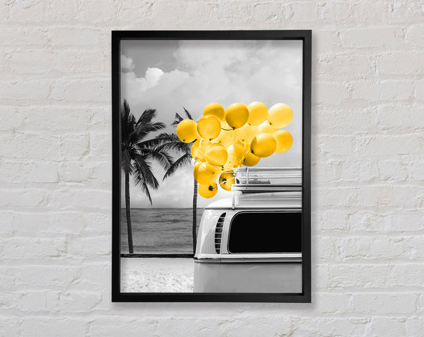 Yellow Balloons  By The Beach Framed Print