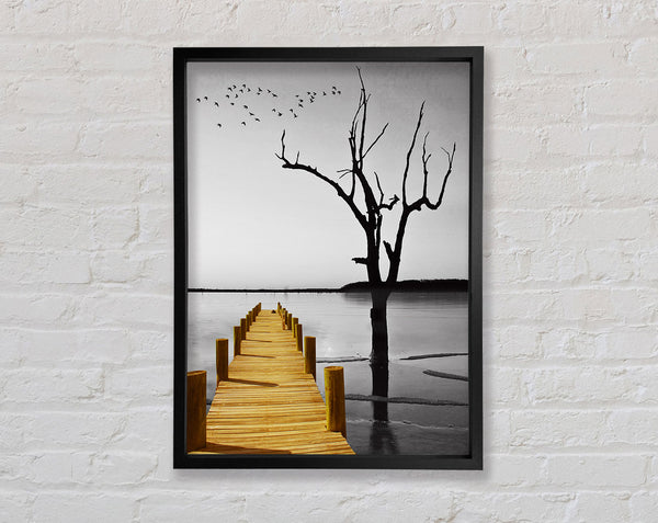 Yellow Boardwalk On Lake Framed Print