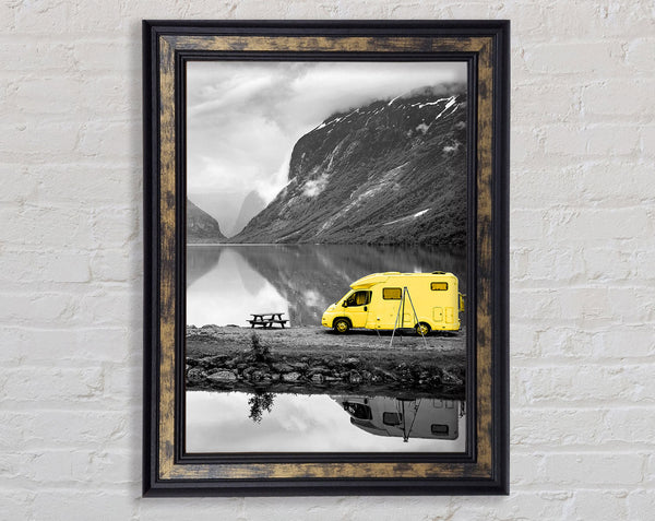 Yellow Campervan At Grey Lake Framed Print