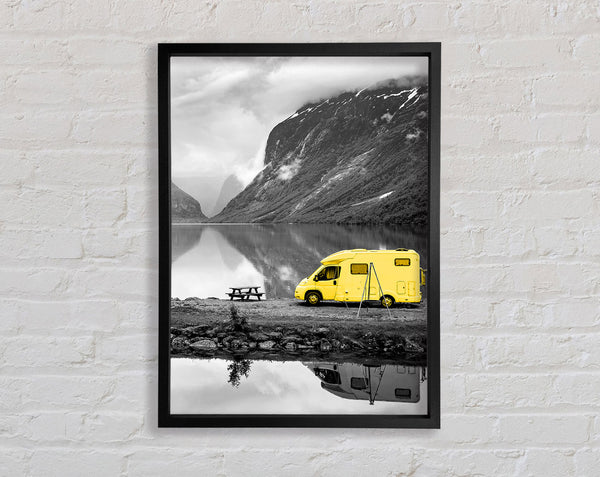 Yellow Campervan At Grey Lake Framed Print