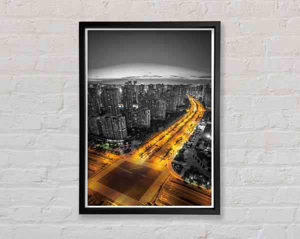 Yellow Road In City View Framed Print