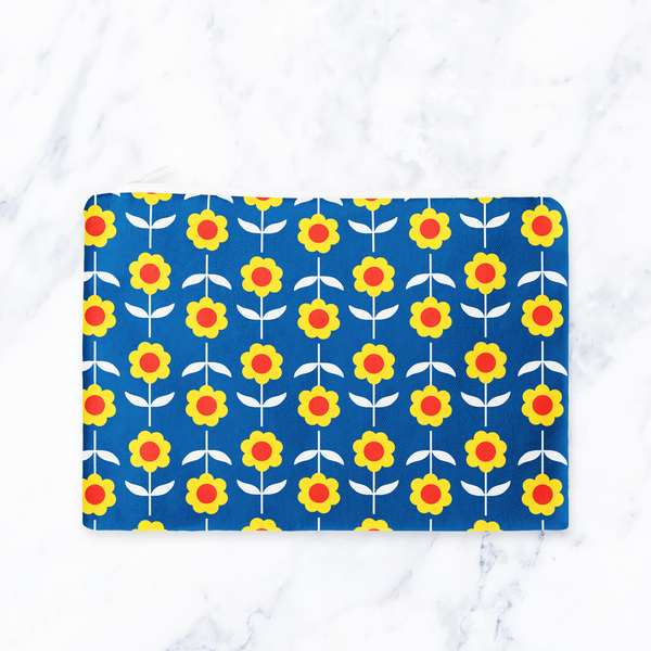 Retro Blue and Yellow Floral Make Up Bag