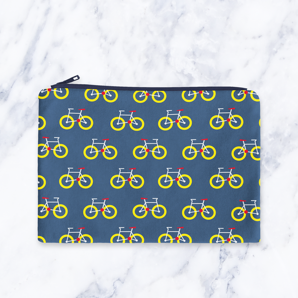 Dark Blue Bicycle Print Makeup Bag - Handmade Cosmetic Pouch with Water-Resistant Lining