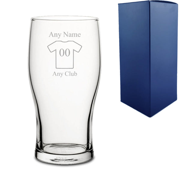 Personalised Engraved Football Rugby Sport Shirt Design Pint Tulip Glass, Any Name, Any Number, Any Team