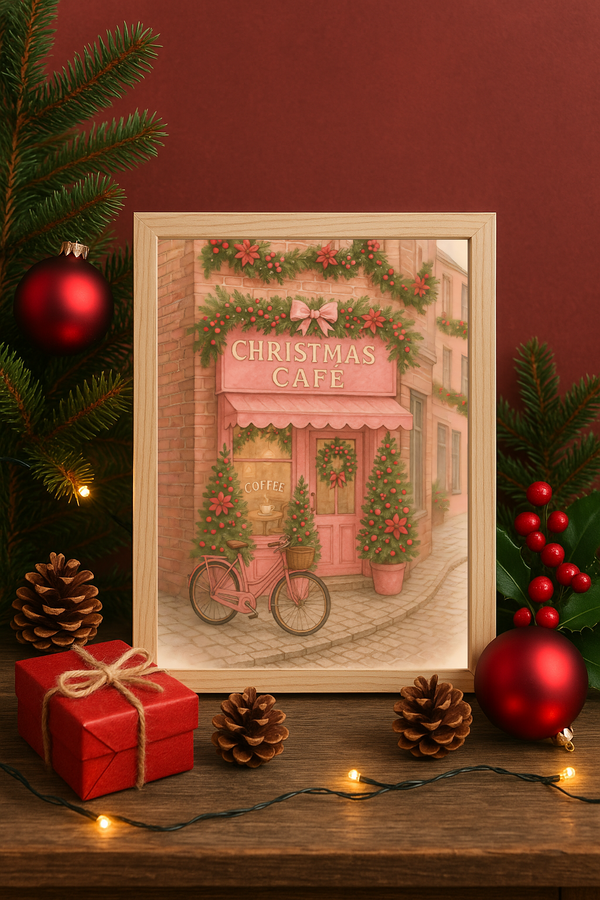 Christmas Pink Café Wall Art Festive Holiday Coffee Shop with Bicycle Print