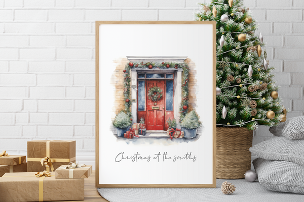 Personalised Christmas At Surname Red Front Door Winter Christmas Seasonal Wall Home Decor Print