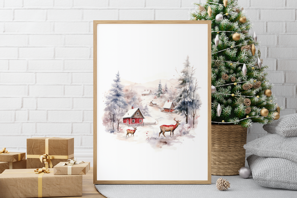 Christmas Reindeer Scene Winter Christmas Seasonal Wall Home Decor Print