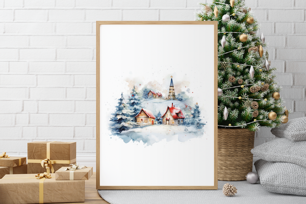 Christmas Small Town Scene Winter Christmas Seasonal Wall Home Decor Print