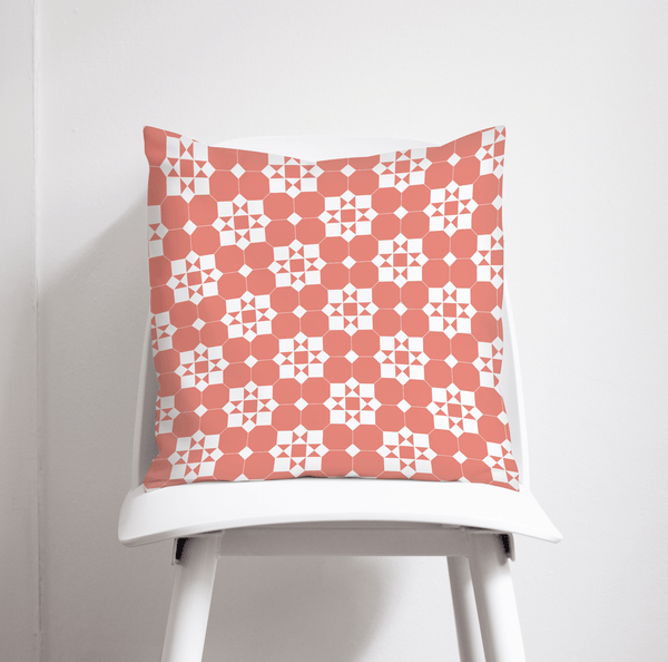 Coral and White Geometric Tiles Design Cushion, Throw Pillow