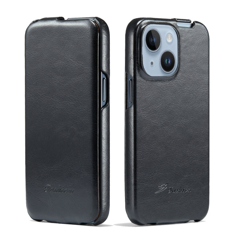 Fierre Shann Oil Wax Texture Vertical Flip PU Phone Case, For iPhone 14, For iPhone 14 Plus, For iPhone 14 Pro, For iPhone 14 Pro Max