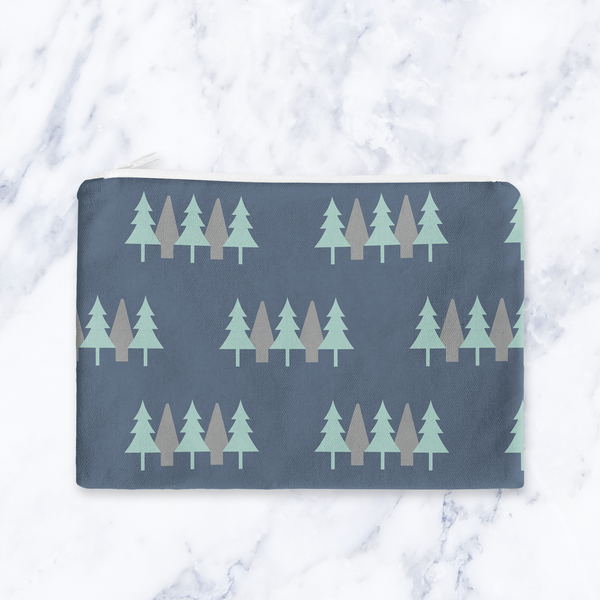 Navy Blue Scandinavian Forest Makeup Bag - Handmade Cosmetic Pouch with Water Resistant Lining - Dog Lover Gift - Travel Beauty Bag