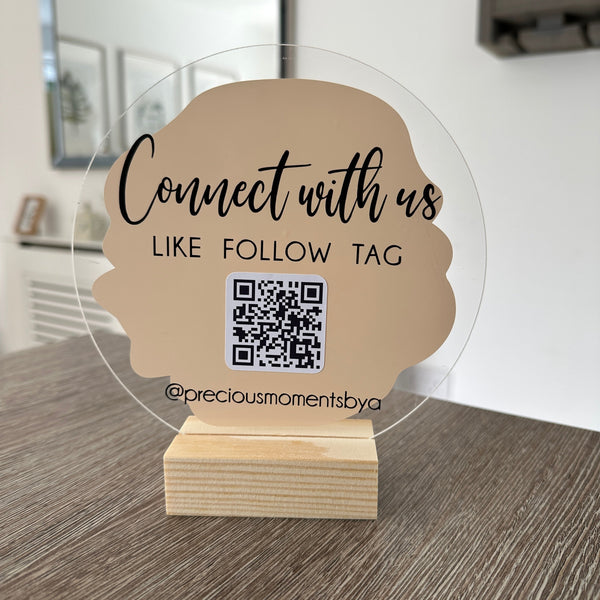 Connect With Us Social Media Handle Circle Acrylic Plaque Sign With Wooden Base