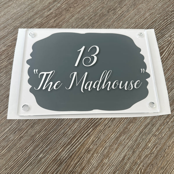 Grey Background House Name/Number High Quality Acrylic Outdoor Or Inside Sign Including Fixtures & Standoffs