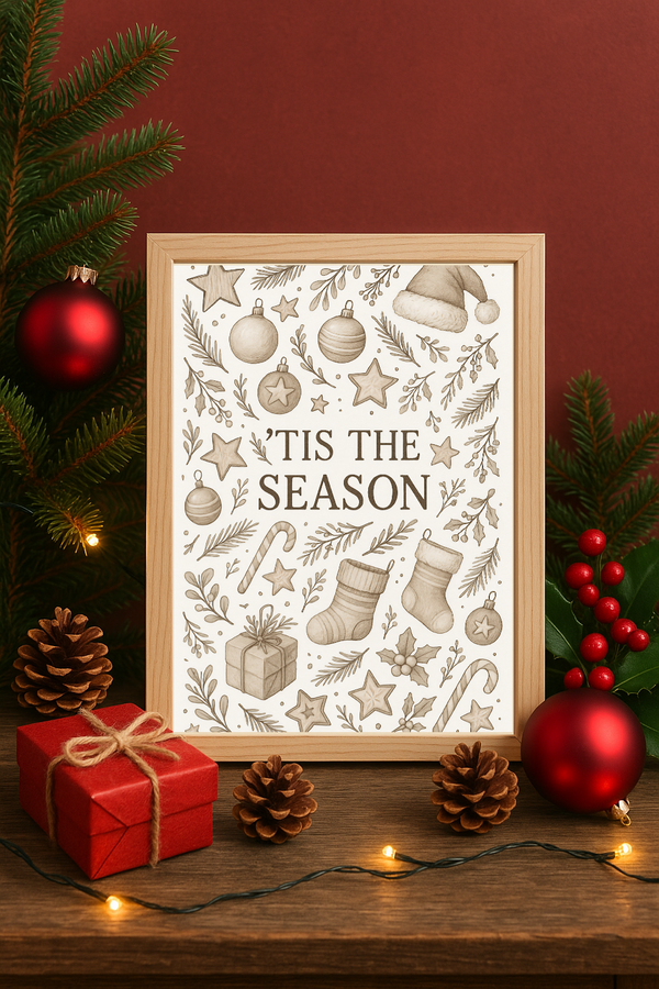 Neutral ’Tis the Season Wall Art – Neutral Christmas Stockings, Gifts & Ornaments Print