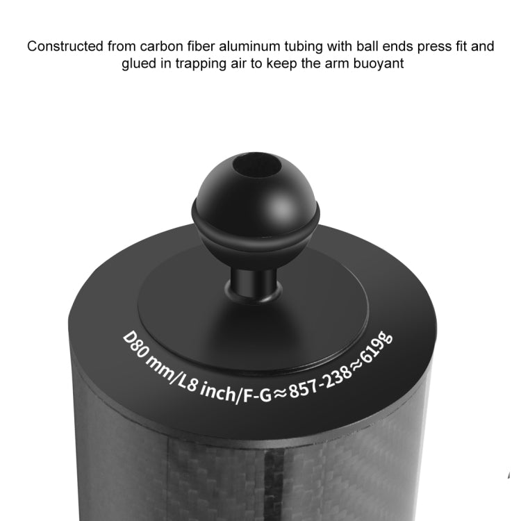 PULUZ 8 inch 20.3cm Length 80mm Diameter Dual Balls Carbon Fiber Floating Arm, Ball Diameter: 25mm, Buoyancy: 600g, 8 inch 600g Buoyancy