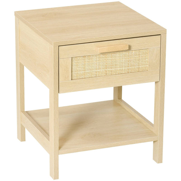 Nightstand with Rattan Drawer and Storage Shelf