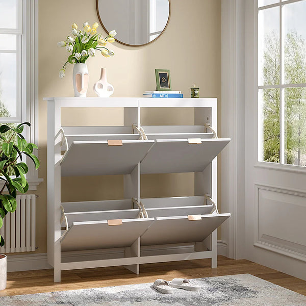 Flip Down Wood Shoe Cabinet 4 Shelf
